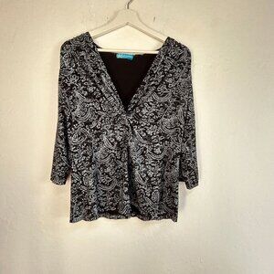 Fresh Produce Womens Black Paisley Print Twist Front 3/4 Sleeve V-Neck Top XL